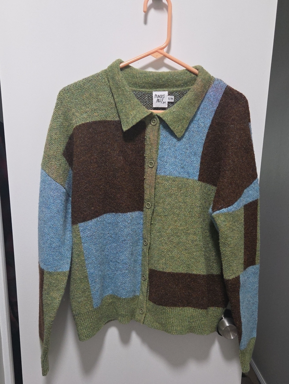 Princess Polly Green Blue Brown Colorblock Button-Up Cardigan